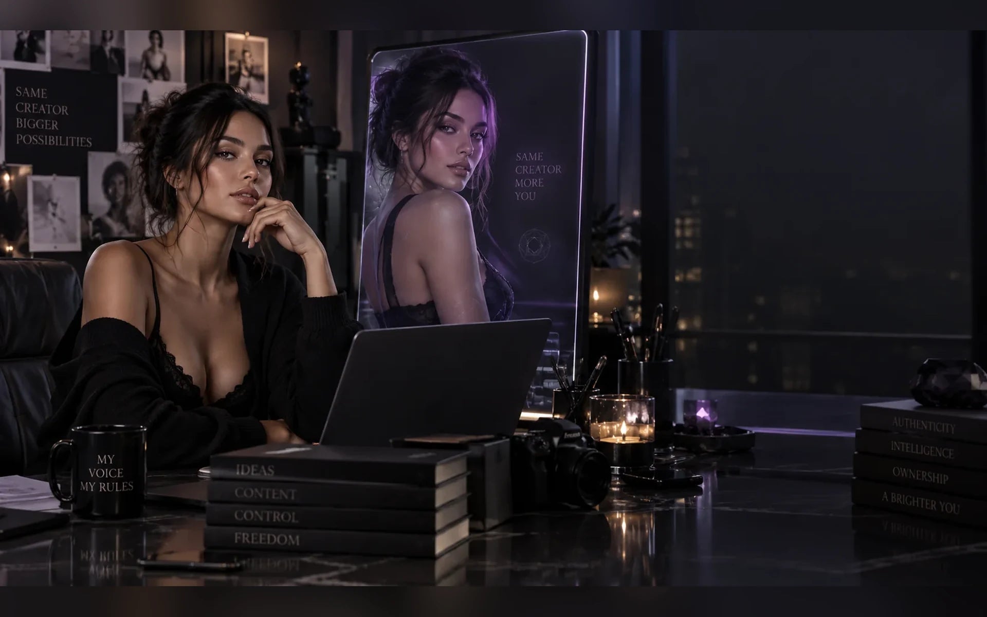 Adult creator beside a clearly identified AI Creator Twin